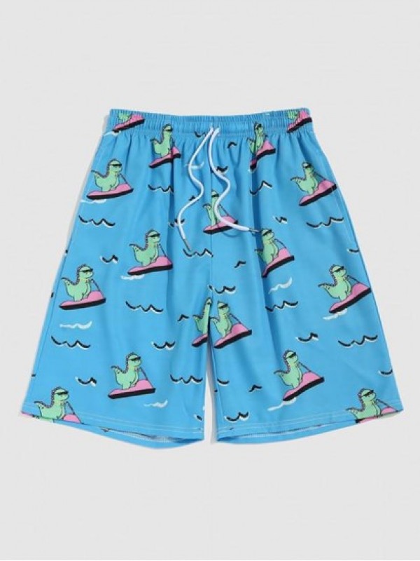 Cartoon Dinosaur Printed Drawstring Beach Shorts
