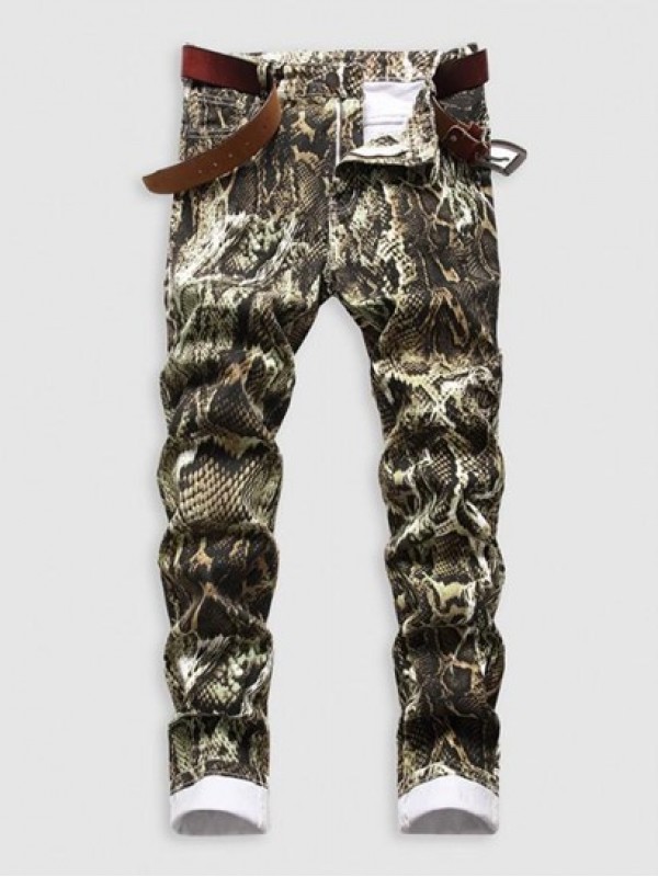 Snakeskin Print Multi-pocket Cuffed Stretch Jeans