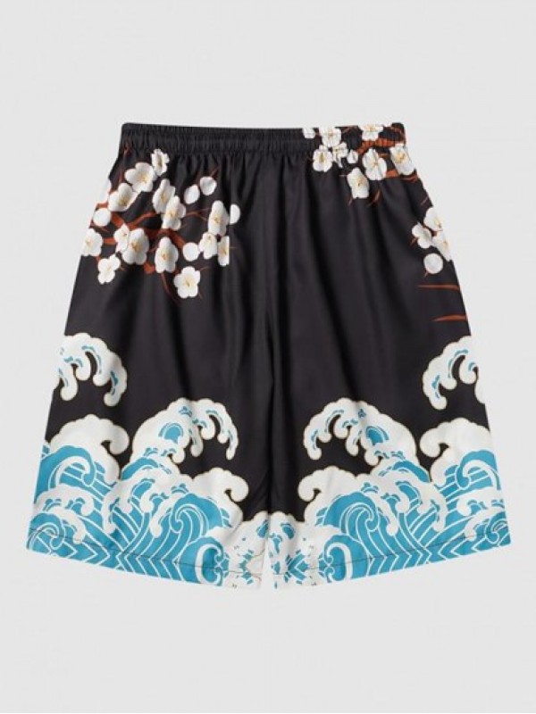 Sea Waves And Flower Print Casual Drawstring Shorts Sea Waves And Flower Print Casual Drawstring Shorts