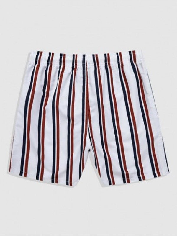 Drawstring Pockets Vertical Mixed Stripes Beach Shorts