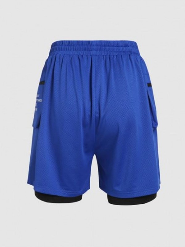 Letter Print Zipper Pocket Design Faux Twinset Sports Shorts Letter Print Zipper Pocket Design Faux Twinset Sports Shorts