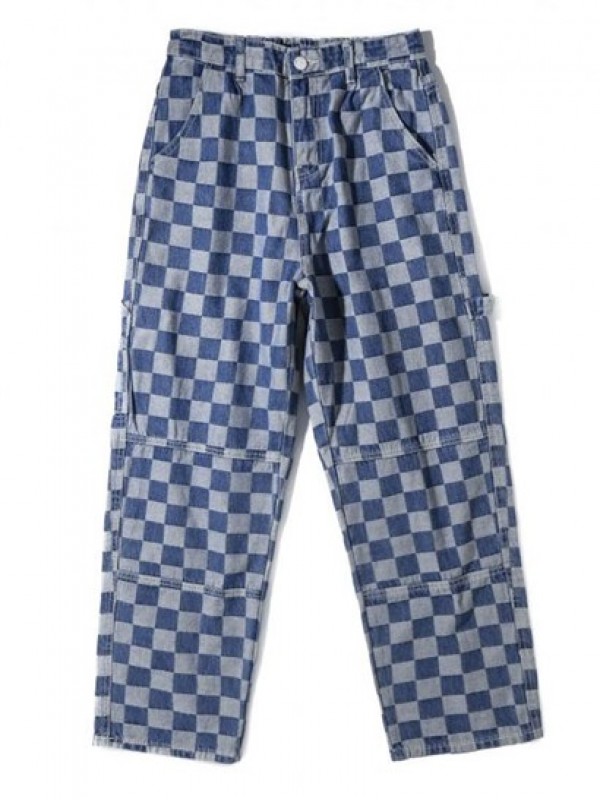 Y2K Aesthetic Checkerboard Print Straight Leg Carpenter Jeans Y2K Aesthetic Checkerboard Print Straight Leg Carpenter Jeans