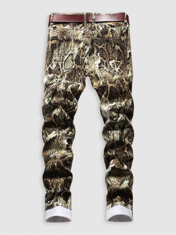 Snakeskin Print Multi-pocket Cuffed Stretch Jeans Snakeskin Print Multi-pocket Cuffed Stretch Jeans