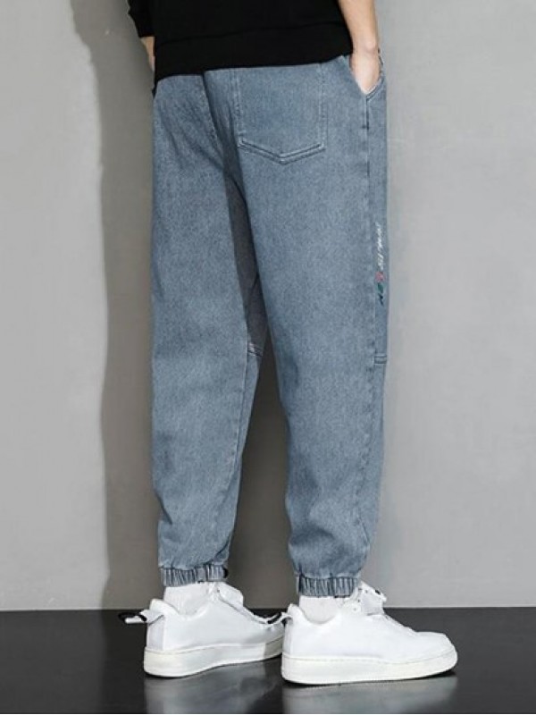 Letter Embroidered Pocket Baggy Jogger Jeans