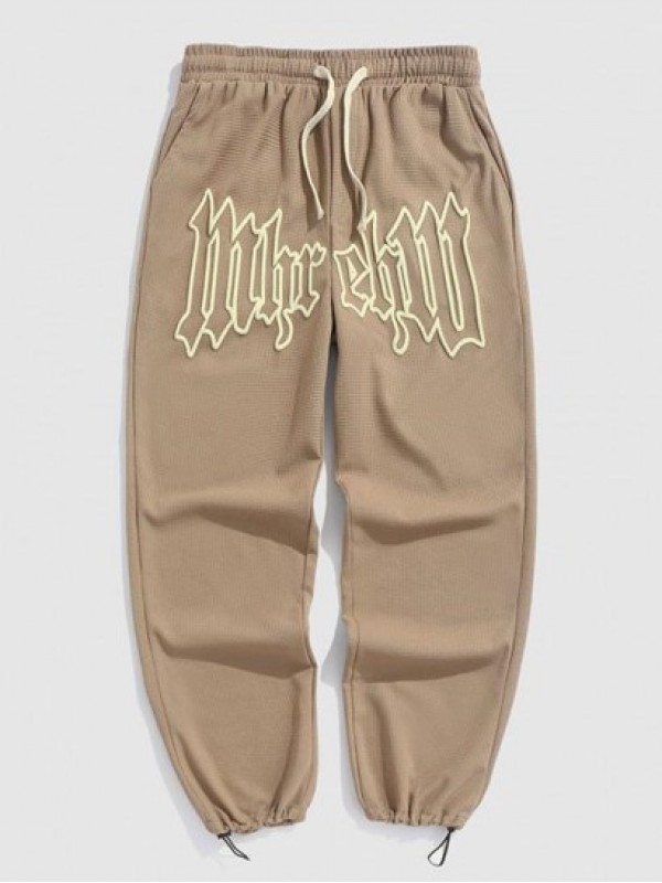 Textured Drawstring Letter Graphic Straight Pants Textured Drawstring Letter Graphic Straight Pants