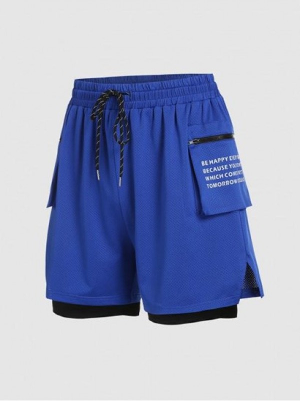 Letter Print Zipper Pocket Design Faux Twinset Sports Shorts Letter Print Zipper Pocket Design Faux Twinset Sports Shorts