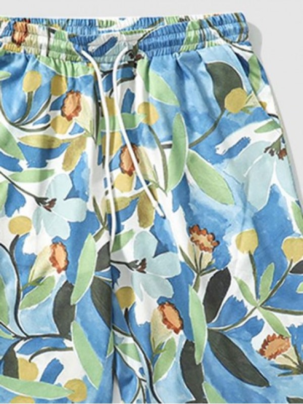 Retro Floral Printed Drawstring Casual Shorts Retro Floral Printed Drawstring Casual Shorts