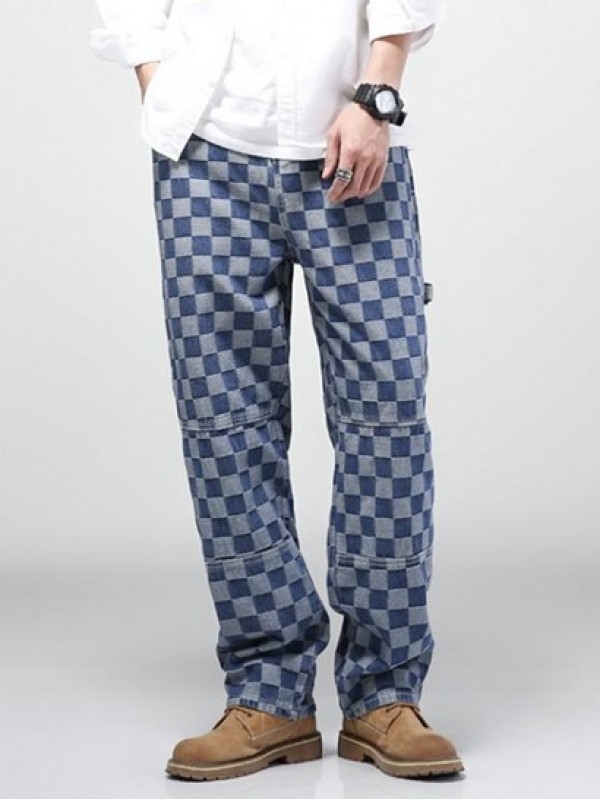 Y2K Aesthetic Checkerboard Print Straight Leg Carpenter Jeans Y2K Aesthetic Checkerboard Print Straight Leg Carpenter Jeans
