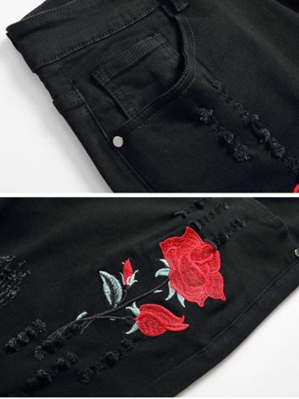 Rose Floral Embroidered Ripped Design Skinny Jeans Rose Floral Embroidered Ripped Design Skinny Jeans