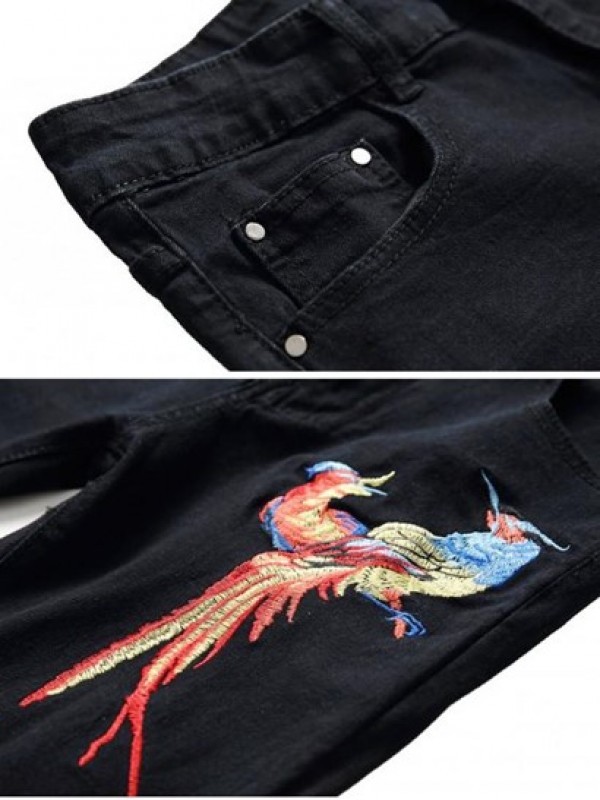Ripped Floral Bird Embroidery Destroy Wash Long Jeans Ripped Floral Bird Embroidery Destroy Wash Long Jeans