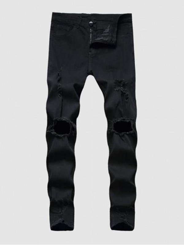 Solid Color Zipper Fly Destroyed Jeans Solid Color Zipper Fly Destroyed Jeans