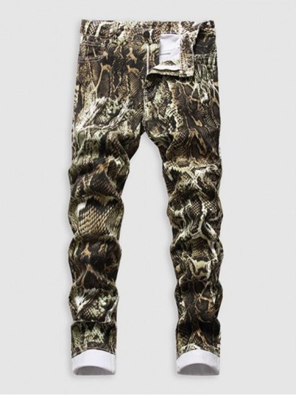 Snakeskin Print Multi-pocket Cuffed Stretch Jeans Snakeskin Print Multi-pocket Cuffed Stretch Jeans