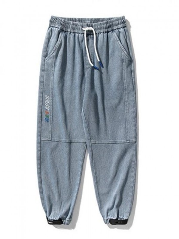 Letter Embroidered Pocket Baggy Jogger Jeans