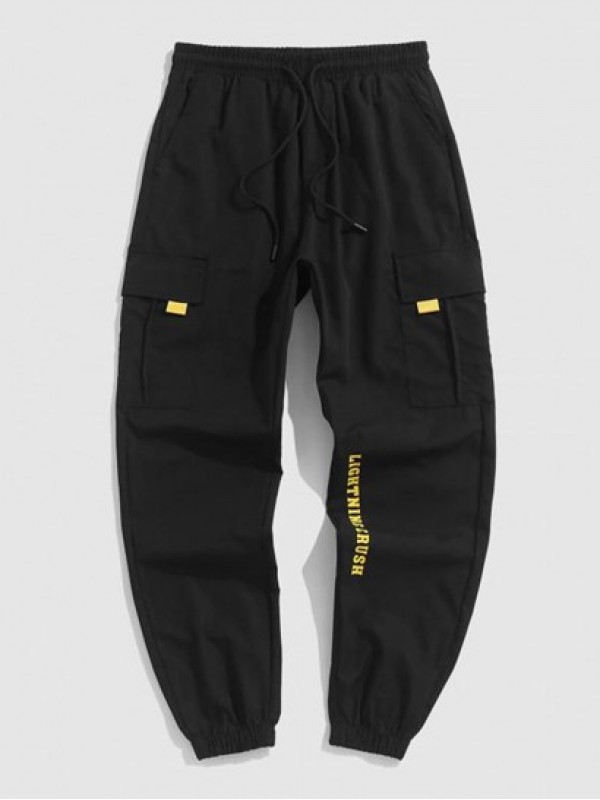 Letter Printed Multi-pockets Design Drawstring Beam Feet Pants Letter Printed Multi-pockets Design Drawstring Beam Feet Pants