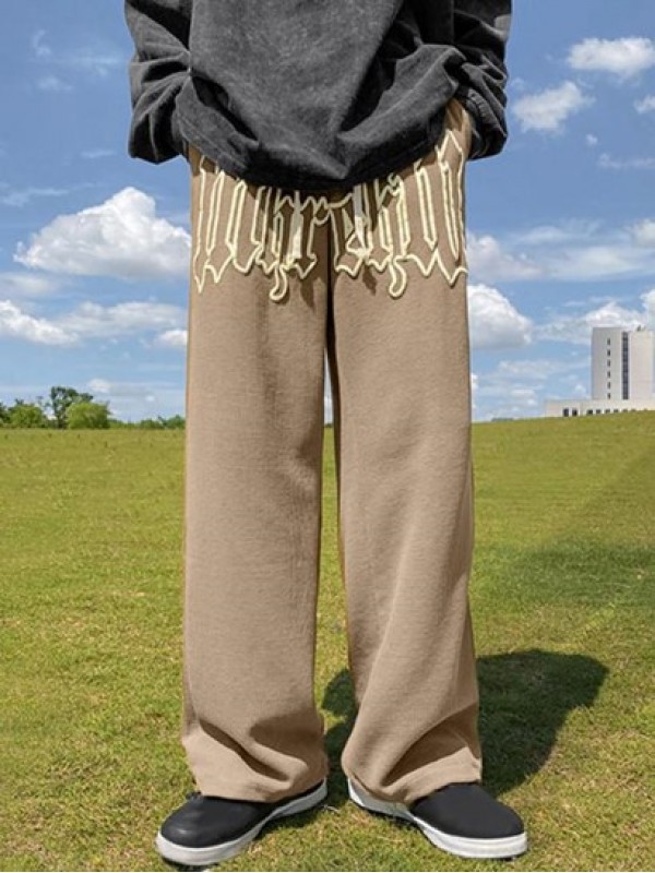 Textured Drawstring Letter Graphic Straight Pants Textured Drawstring Letter Graphic Straight Pants