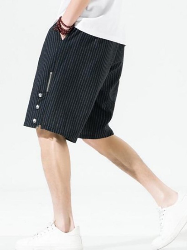 Striped Print Zipper And Button Design Drawstring Casual Shorts Striped Print Zipper And Button Design Drawstring Casual Shorts