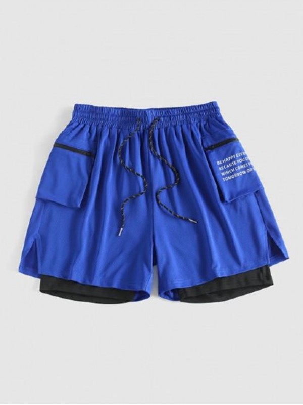 Letter Print Zipper Pocket Design Faux Twinset Sports Shorts Letter Print Zipper Pocket Design Faux Twinset Sports Shorts