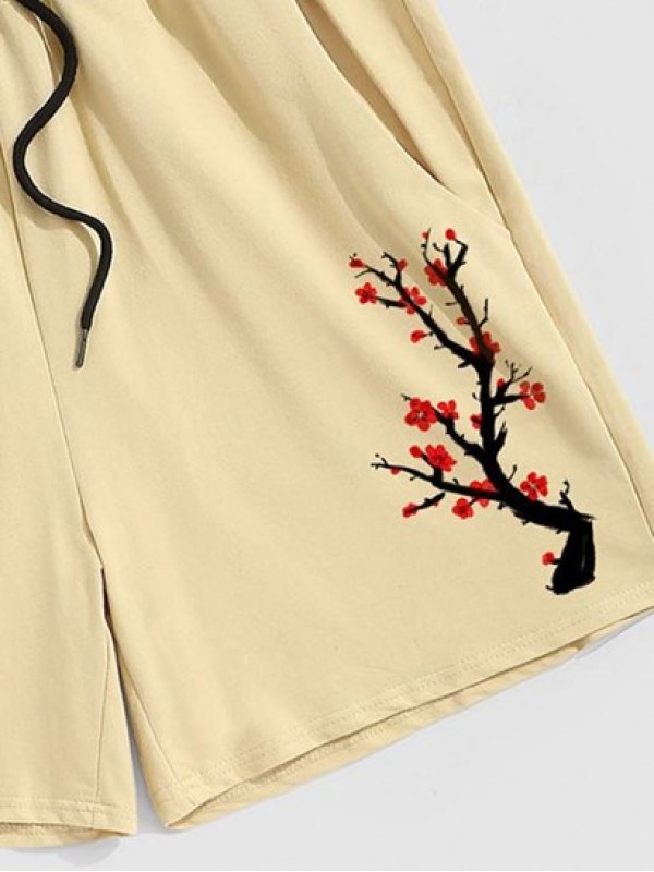 Plum Blossoms And Chinese Characters Print Shorts Plum Blossoms And Chinese Characters Print Shorts