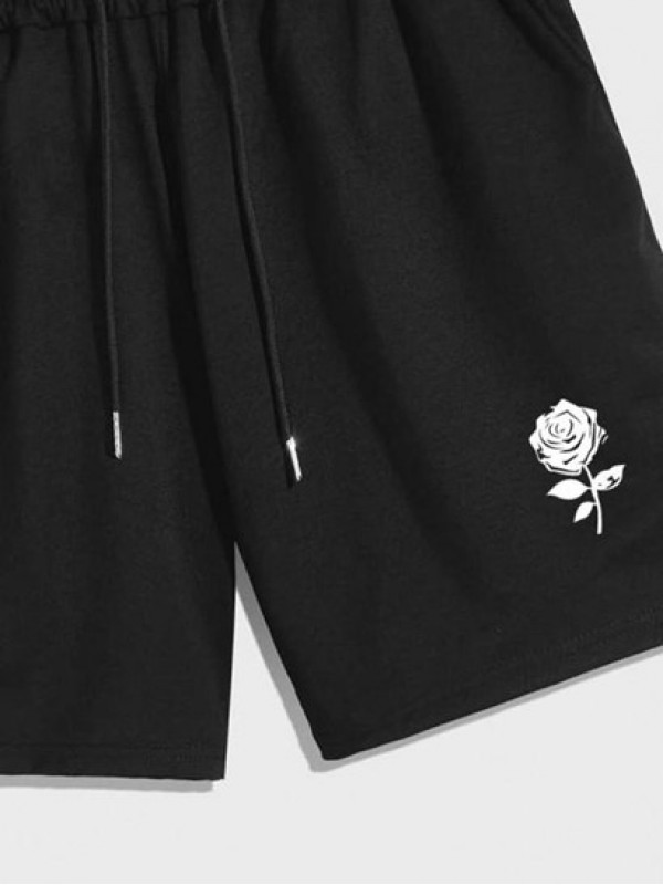 Rose Floral Pattern Drawstring Casual Shorts Rose Floral Pattern Drawstring Casual Shorts
