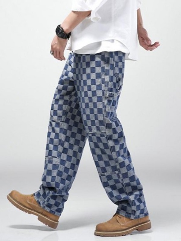 Y2K Aesthetic Checkerboard Print Straight Leg Carpenter Jeans Y2K Aesthetic Checkerboard Print Straight Leg Carpenter Jeans