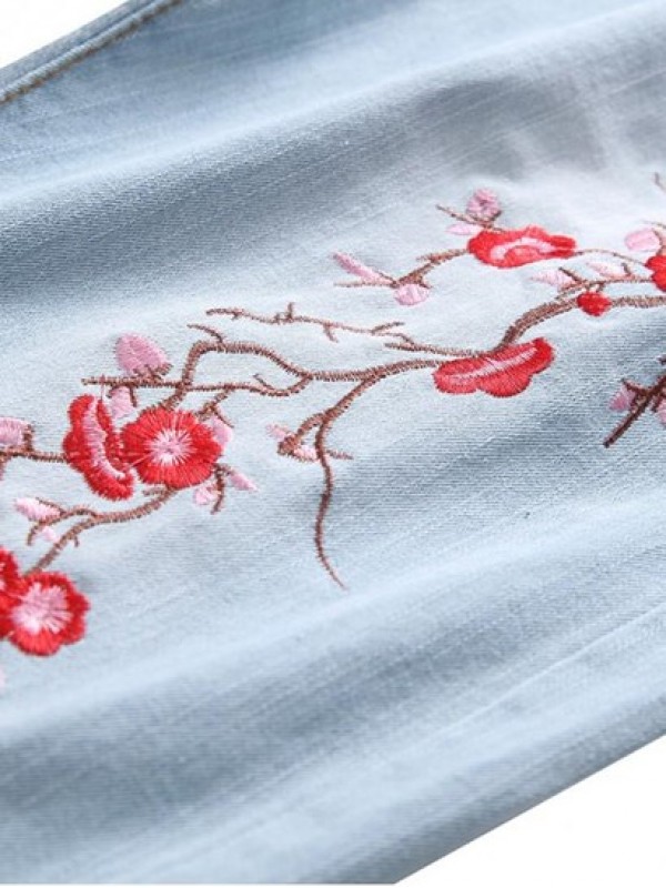 Floral Embroidery Destroy Wash Distressed Long Jeans Floral Embroidery Destroy Wash Distressed Long Jeans