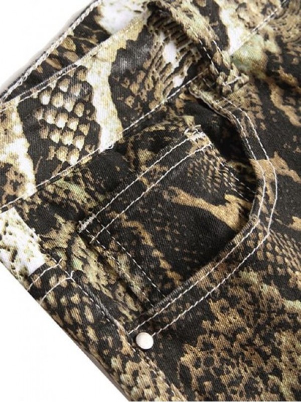 Snakeskin Print Multi-pocket Cuffed Stretch Jeans Snakeskin Print Multi-pocket Cuffed Stretch Jeans