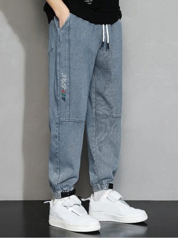 Letter Embroidered Pocket Baggy Jogger Jeans