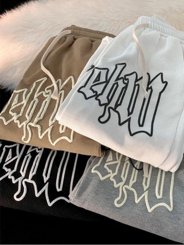 Textured Drawstring Letter Graphic Straight Pants Textured Drawstring Letter Graphic Straight Pants